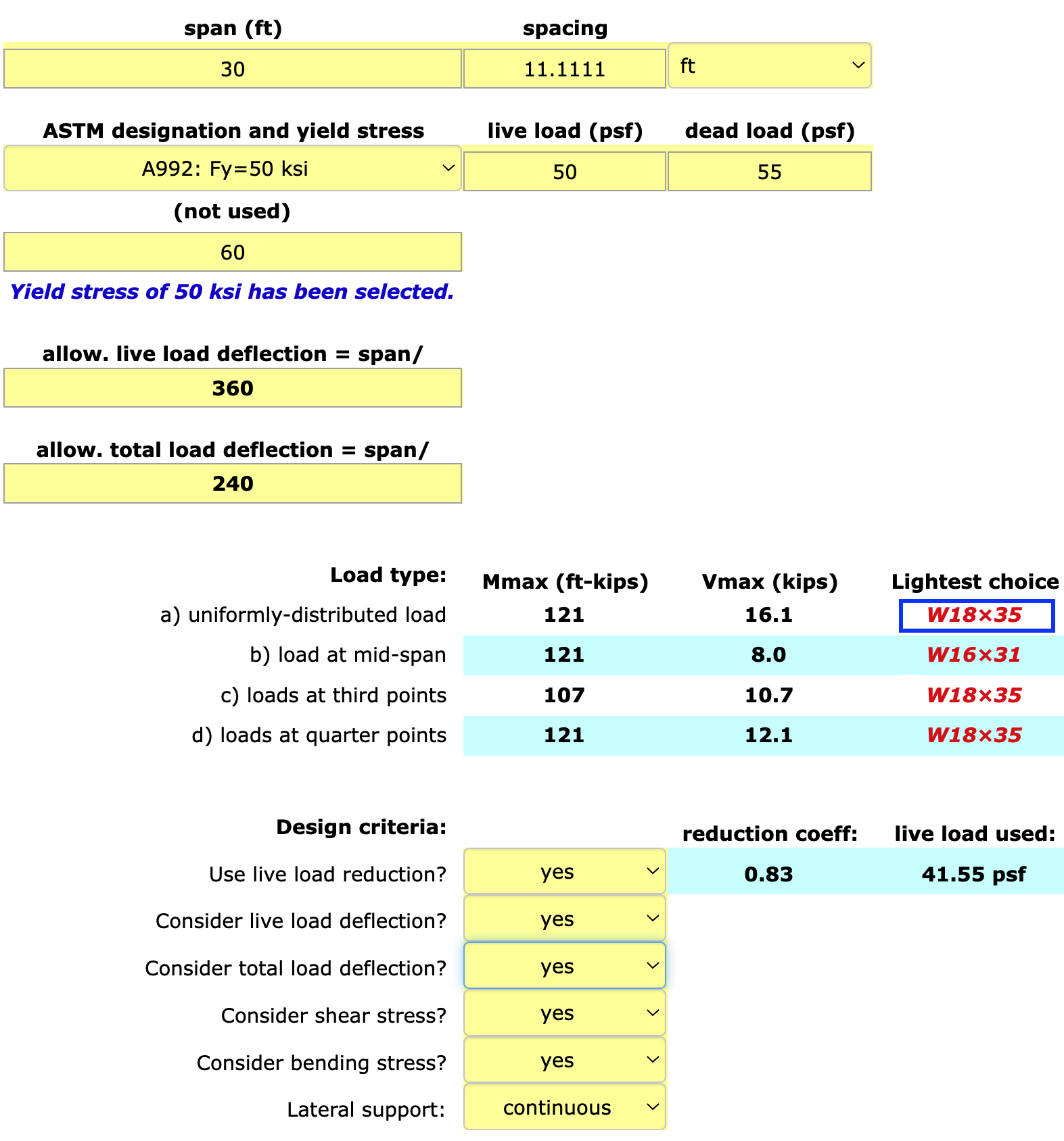 screen shot showing calculator for beam design