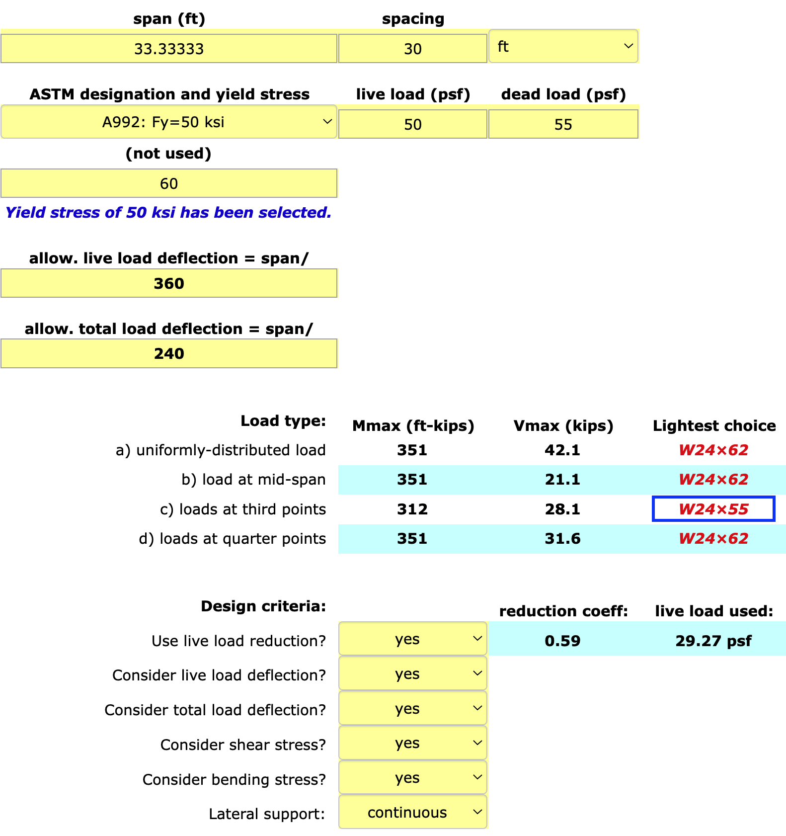 screen shot showing calculator for girder design