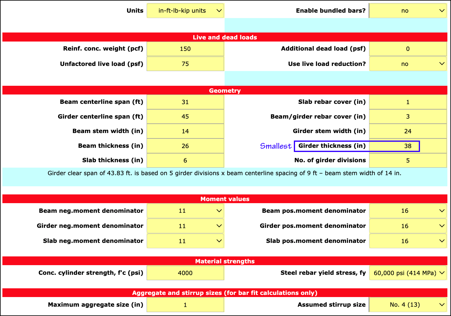 Screen shot of calculator inputs for part A