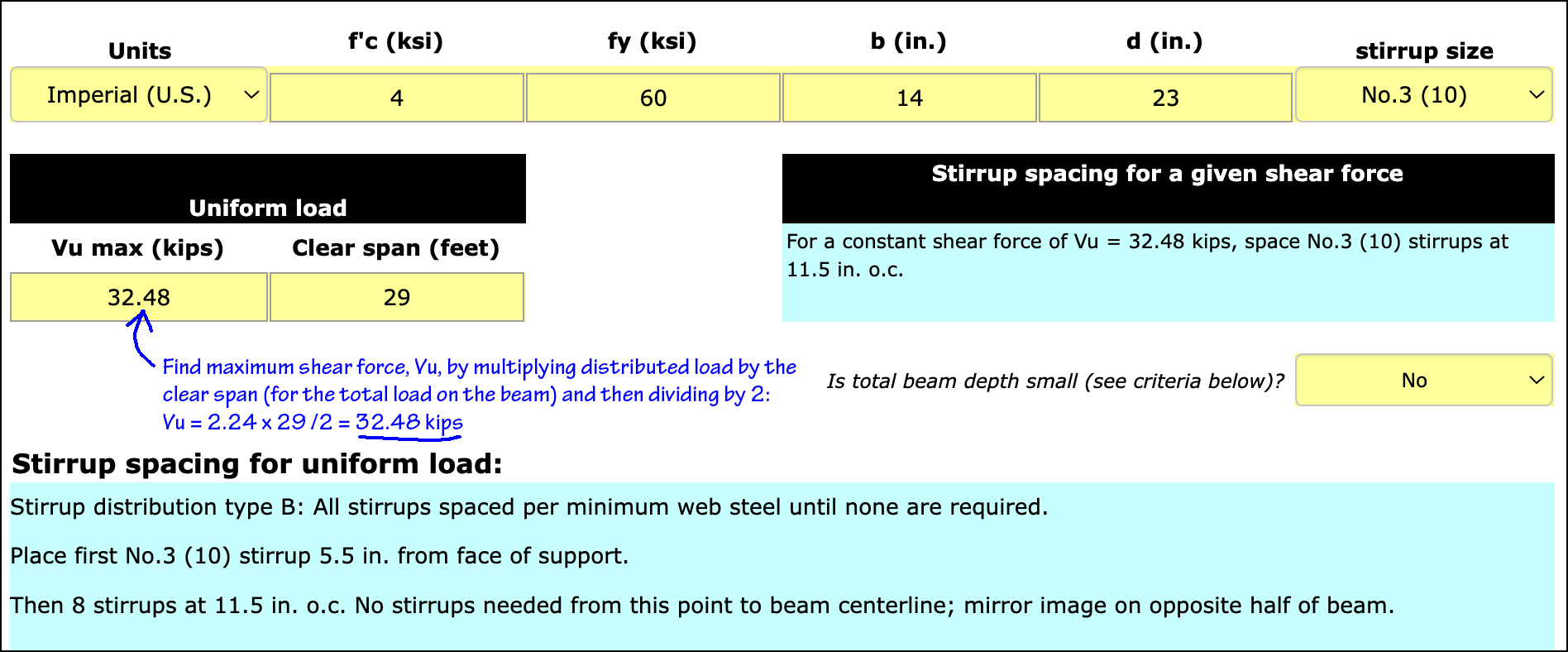 Screen shot of calculator inputs and results for part B