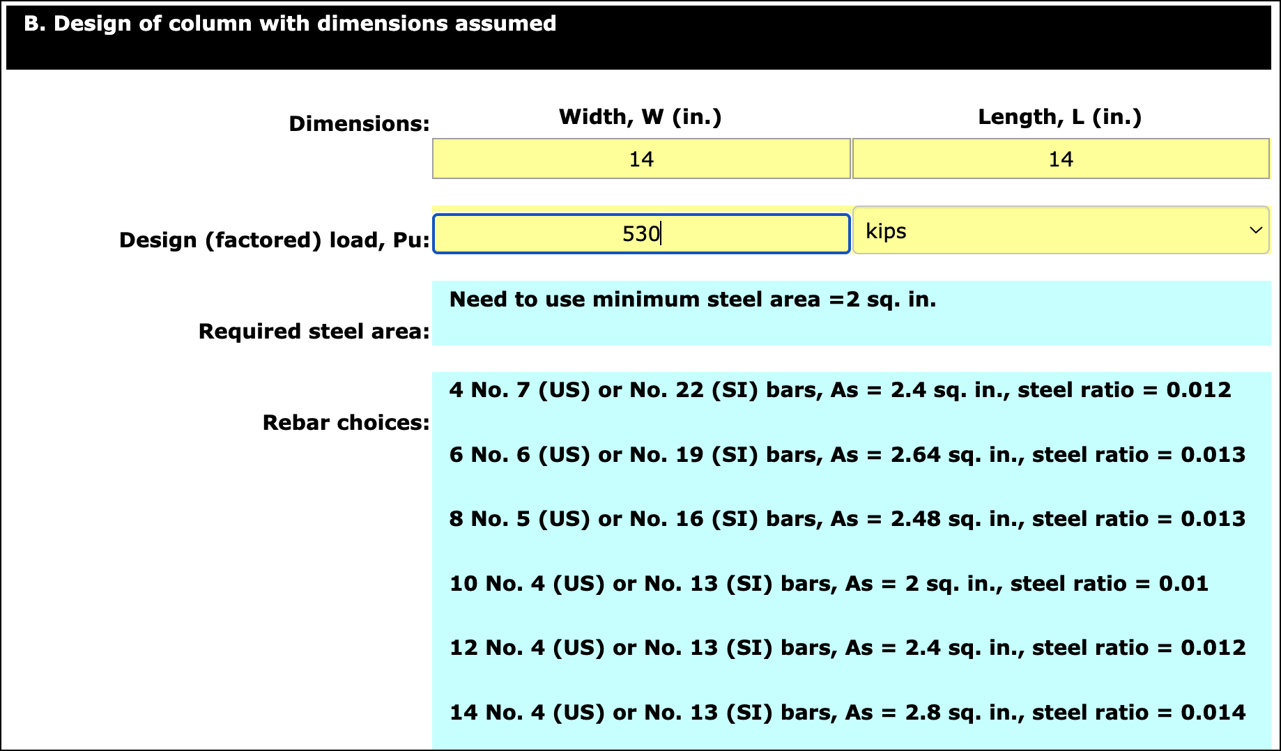 Screen shot of calculator inputs and results for part C
