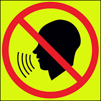 stylized face with slash indicated 'no sound allowed'