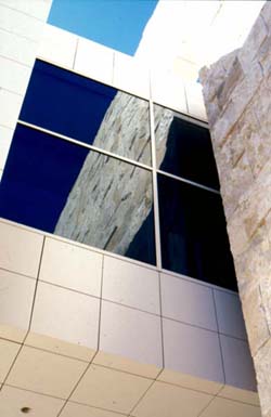 Meier's Getty center showing metal panels at soffit and wall