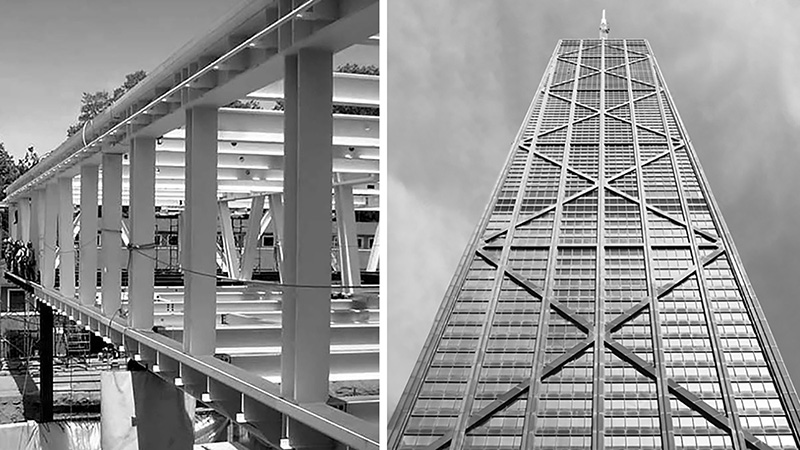 Milstein Hall under construction (Cornell) and Hancock tower (Chicago)