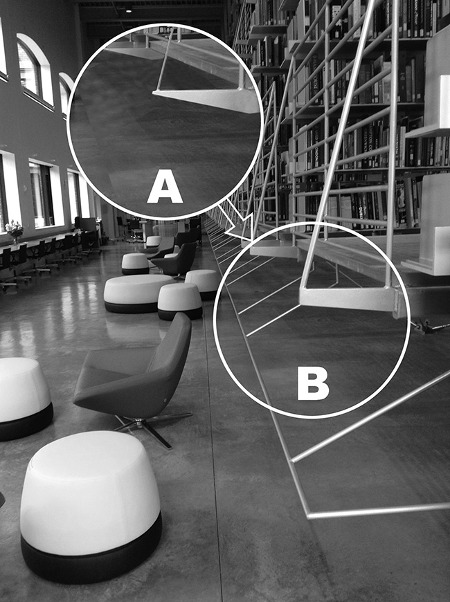 sharp metal protrusions shown in schematic rendering of library contrasted with current condition with cane detection guards.