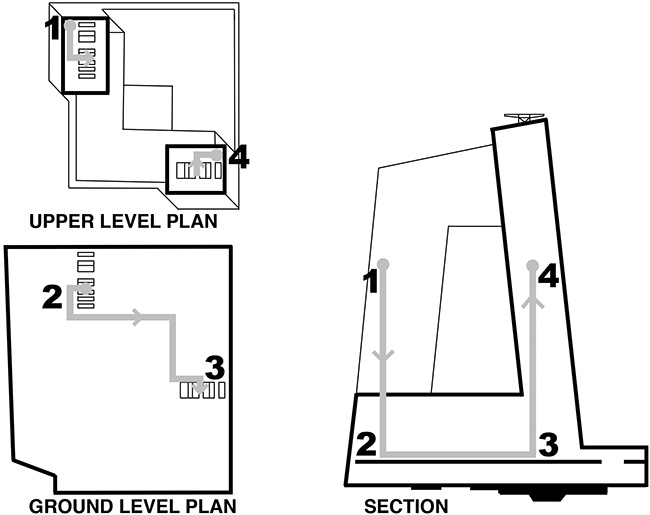 Plans and sections of CCTV building showing circulation paths.