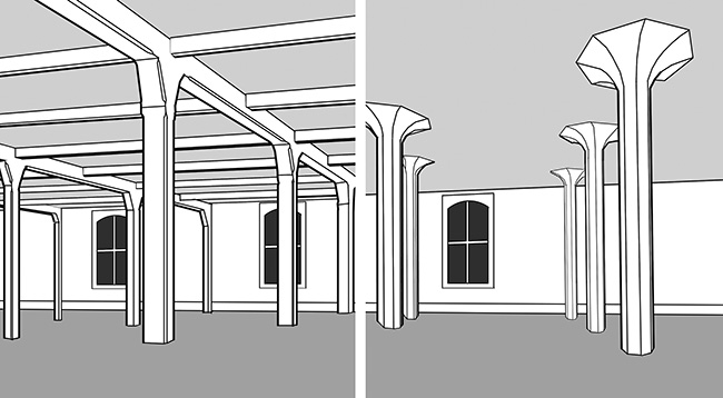 Sketches of the Hennebique and Maillart concrete slab systems.