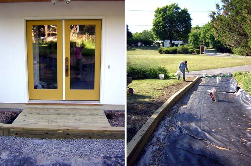 ochshorn driveway curb and landing at side entrance; susan sprinkling grass seed at curb