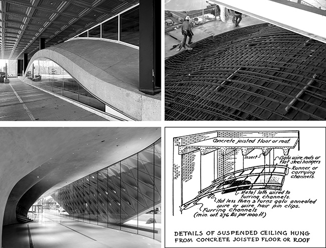 Construction vs. as-built photos of Milstein Hall's concrete dome; also the Broad Museum lobby and a traditional plaster construction technique.