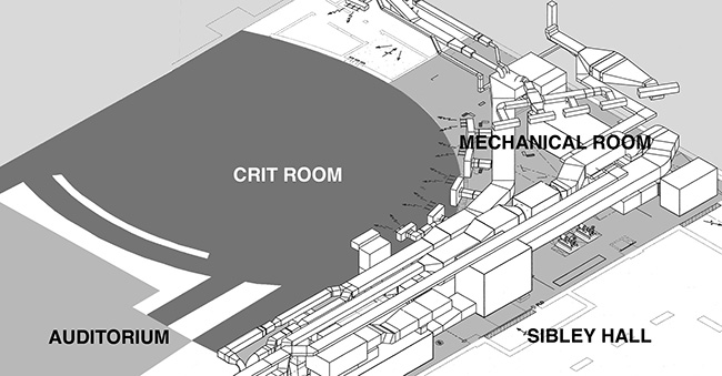 Curved wall shown between Crit Room and Mechanical Room.