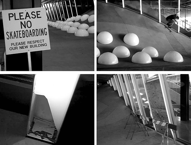 Four images of the arcade showing: no skateboarding sign, skateboarder on dome, broken light fixture, and broken window.