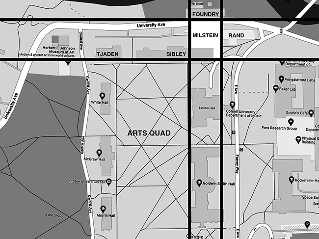 Campus map with vertical and horizontal lines superimposed to indicate zones of buildings.