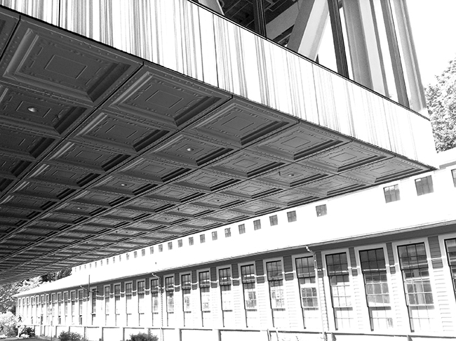 View looking west on University Avenue with Milstein's cantilevered soffit and the Foundry visible.