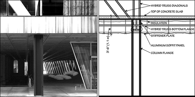 Photo and section showing thermal bridging caused by steel column.