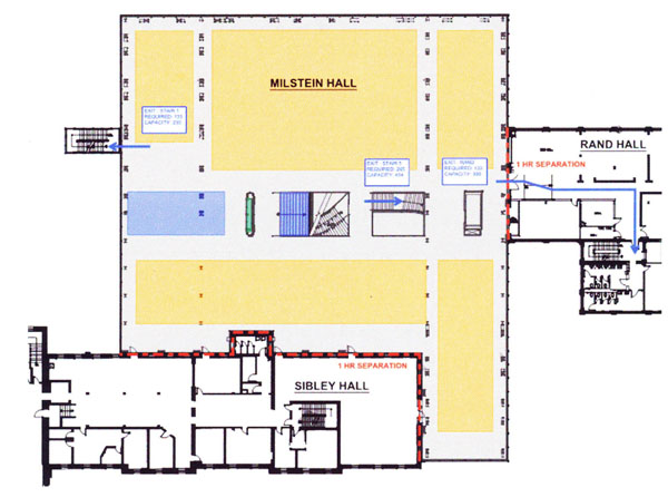 plan of Milstein Hall upper level showing occupancies and exits
